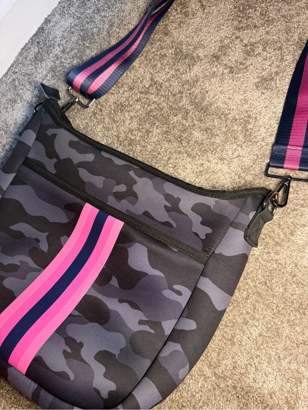 Grey and navy  Camo Crossbody Bag with Pink Stripe
